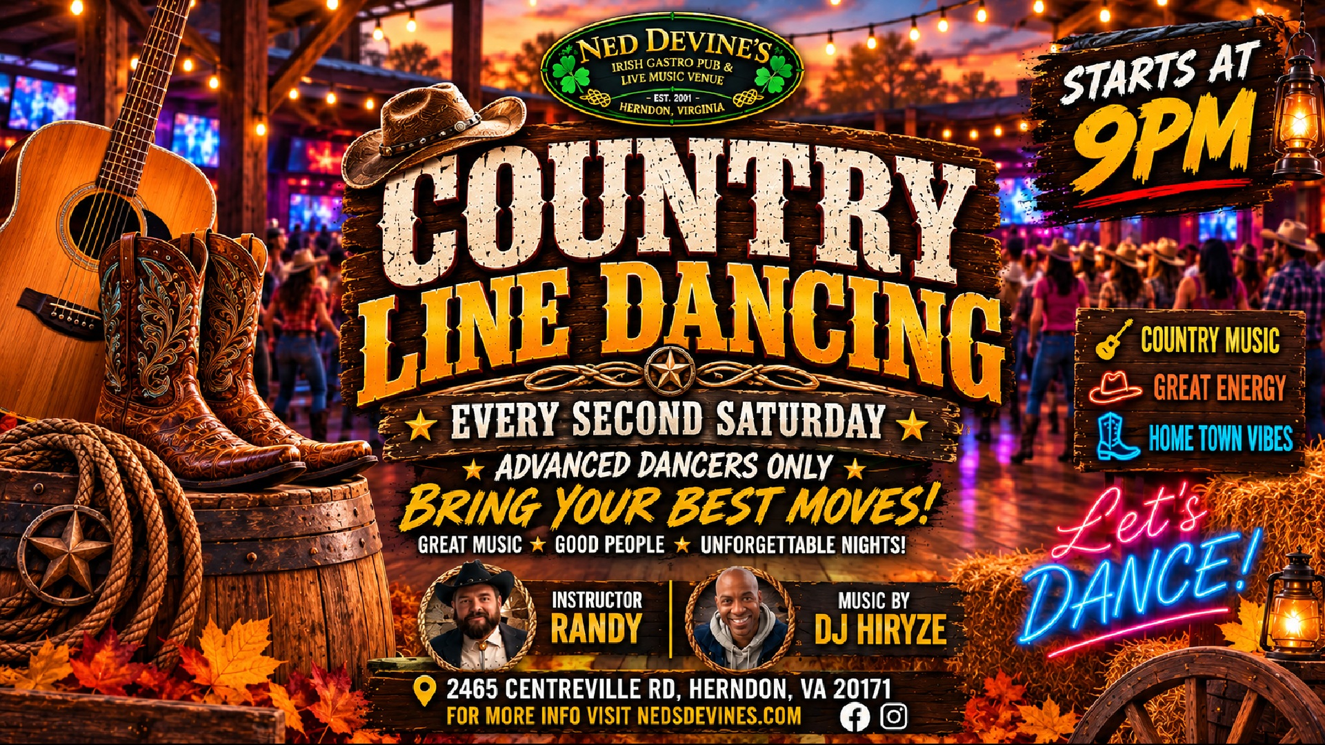 Promotional flyer for Ned Devine’s in Herndon, Virginia, advertising country line dancing every second Saturday at 9 PM for advanced dancers. Western-themed artwork includes a guitar, cowboy boots, hats, string lights, dancers, and event details for instructor Randy and DJ Hiryze.