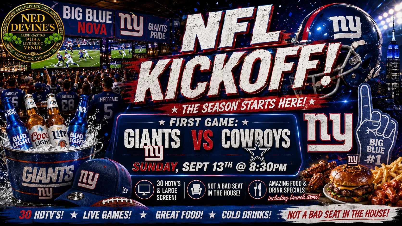 Promotional graphic for Ned Devine’s Irish Gastro Pub in Herndon, Virginia. NFL Kickoff text announces “Giants vs Cowboys, Sunday, Sept 13th @ 8:30PM.” Giants imagery, a crowded sports bar, beer, burgers and wings fill the graphic.