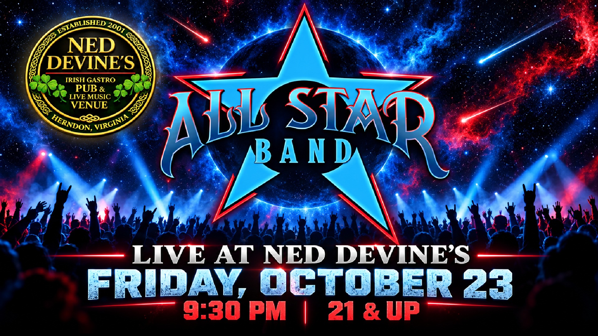 Concert poster for All Star Band with a large blue star logo over a cosmic background and a silhouetted crowd. Text reads: “Live at Ned Devine’s. Friday, October 23. 9:30 PM. 21 & Up.” Ned Devine’s, Herndon, Virginia.